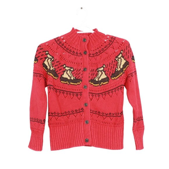 LL Bean Signature Cotton Fisherman Sweater Short Cardigan Fair Isle Red Size M - Picture 1 of 10